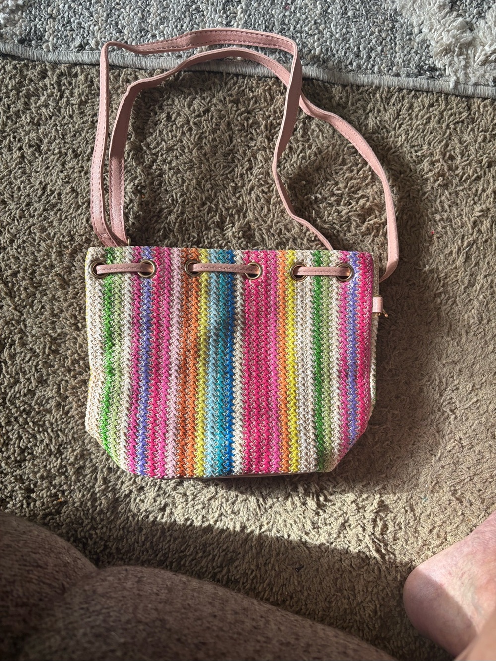 Multicolor Striped Woven Crossbody Bag with Pink Trim
